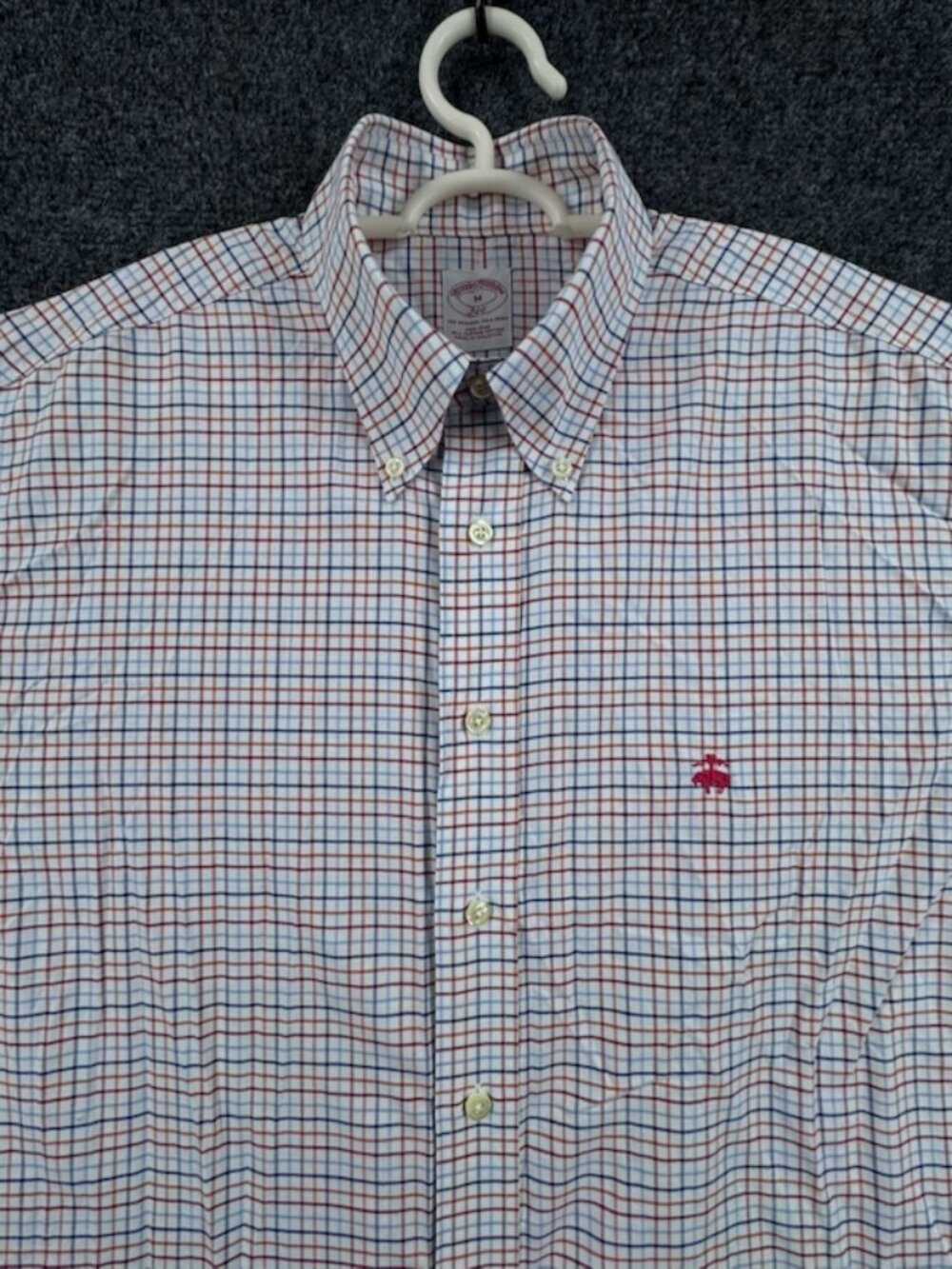 Brooks Brothers Oxford Non-Iron Check Button-Down White Blue Supima Medium Logo
